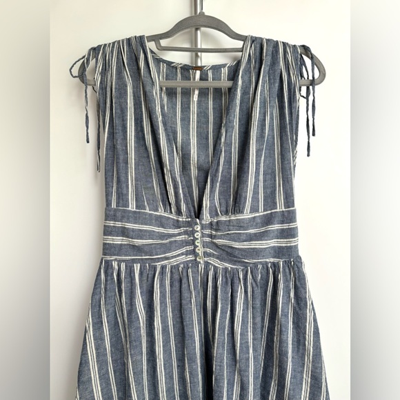 Free People Linen ‘Roll the Dice’ Striped Fit Flare Plunge Neck Flare Mini Dress - Picture 12 of 15